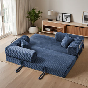 English Elm Compression Foldable Floor Sofa Bed Corduroy Futon with Foam Support for Small Spaces Blue W3716P379187