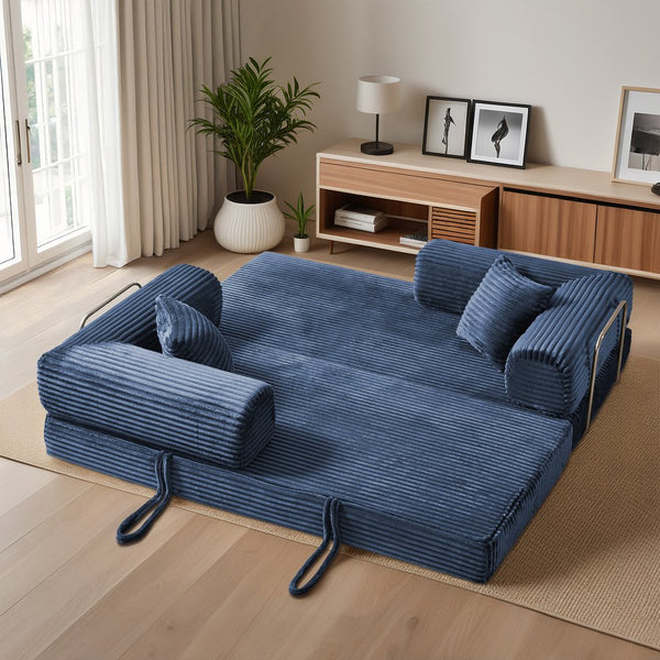 English Elm Compression Foldable Floor Sofa Bed Corduroy Futon with Foam Support for Small Spaces Blue W3716P379187