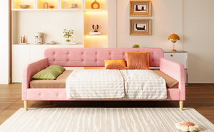 English Elm Queen Upholstered Daybed with Tufted High Sideboard, Linen Finish, Solid Wood Frame, 800lb Capacity Pink N7500001850H