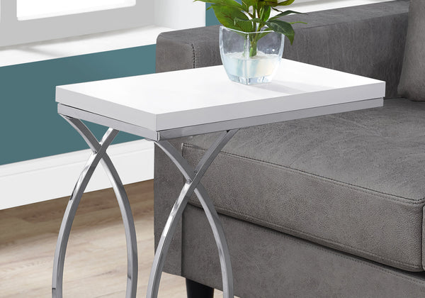 English Elm Accent C-Shaped Side Table with Glossy Laminate Top and Chrome Frame — Versatile Snack & End Surface White 26 L x 13 W x 6 H B2710P219214