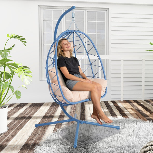 English Elm Hanging Egg Chair with Pe Wicker Stand Ergonomic Swing Seat for Patio or Bedroom T5880P497570