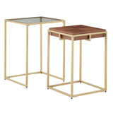 Homelegance By Top-Line Piper Square Nesting Tempered Glass Top Accent Tables with Gold Metal Base Natural Engineered Wood