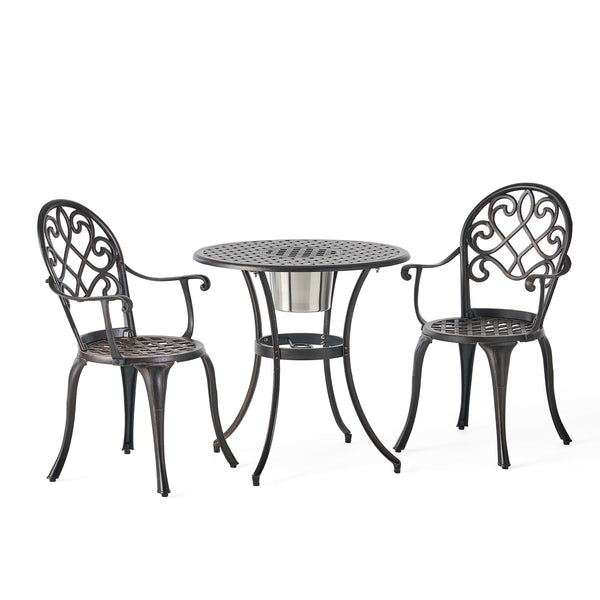 English Elm Camden Outdoor Cast Aluminum Bistro Set with Ice Bucket Scrollwork Copper Patio 52255.00COP