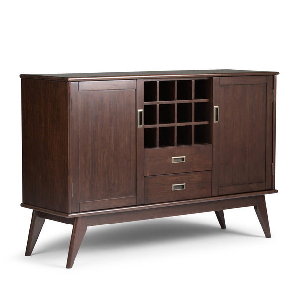 English Elm Draper Mid Century Sideboard Buffet with 12-Bottle Wine Rack, Solid Rubberwood, Medium Auburn Brown Finish, Tapered Legs and Brass Pulls B136P158156