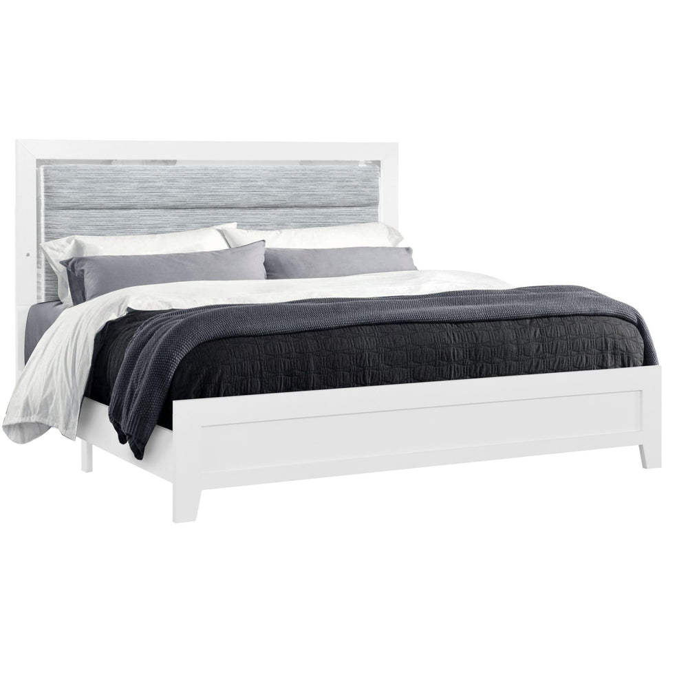 English Elm OMODA Modern Full Bed with LED Accent Lighting, Solid Wood+MDF Frame, Upholstered Headboard Mirror Trim White 82.09 L x 32.48 W x 8.07 H B201P226204