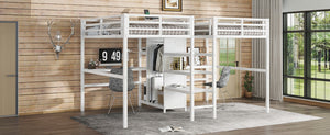 English Elm Twin Metal Loft Bed with Study Desk Wardrobe Shelving and Outlet for Kids Rooms W1580S00373