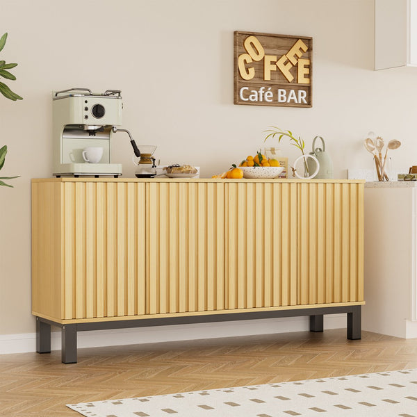 English Elm Sideboard Fluted Credenza with Soft Close Doors Walnut Finish Mid Century Storage T3773P417322