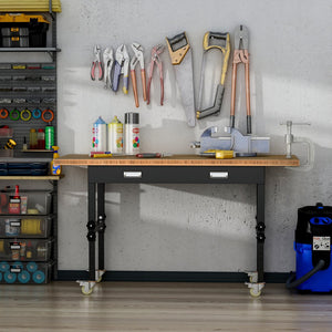 English Elm HOMCOM 59" Work Bench with Bamboo Top, Height Adjustable 10-Setting Mobile Workstation 1320lb W2225P217940