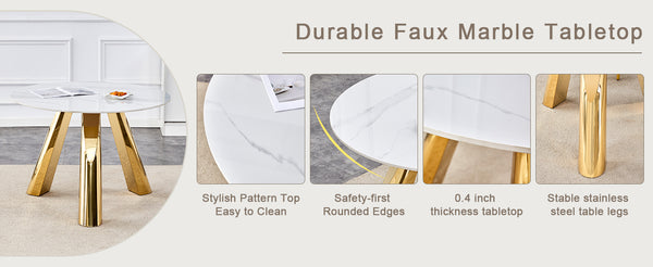 English Elm A 42-inch round dining set with stone top table and gold-plated stainless legs plus four PU chairs Gold 31 L x 19.5 W x 17.5 H W1512S00133