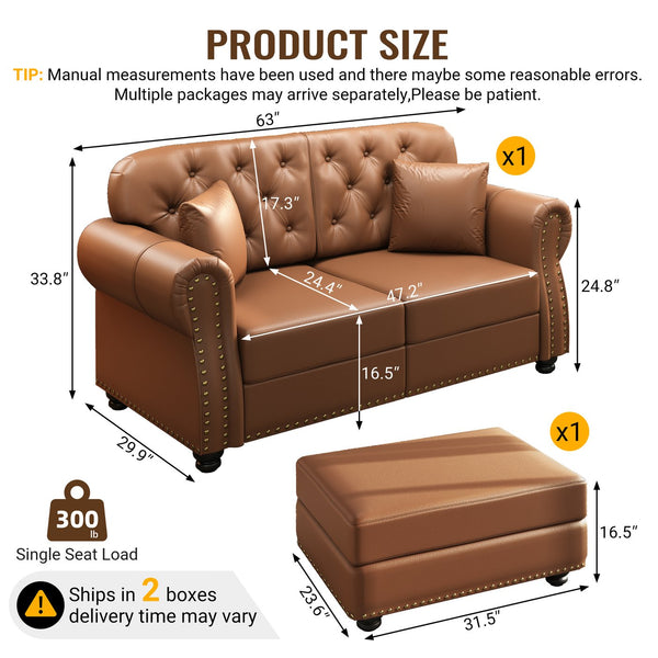 English Elm 63"upholstered Faux Leather Loveseat Mid-century Chesterfield with Tufting and Nailhead Detail Brown W1885S00425