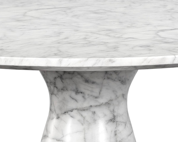 Sunpan SHELBURNE Round Dining Table - Elegant White Faux Marble Top with Tapered Base for Modern Spaces 106642