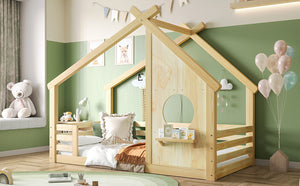 English Elm Twin House Bed Low Profile Pine Wood Frame with Shelf Montessori Kids Floor Sleeping Natural W5305P429643