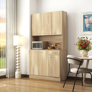 English Elm 70.87" Wardrobe Kitchen Cabinet with 6 Doors, 1 Drawer & Open Shelf — Durable Melamine MDF Storage Solution Oak W331S00057