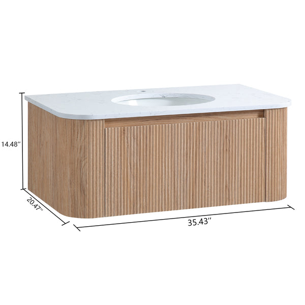 English Elm Arcora Floating Bathroom Vanity Slatted Wood Front Carrara Marble Ceramic Sink Modern W3235S00008