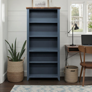 English Elm 72 72-inch High 5-Shelf Bookcase Blue Denim & Whiskey Finish Fully Assembled Modern Farmhouse Charm B108P160180