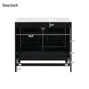 English Elm 36" Black Bathroom Vanity with Ceramic Sink, Soft-Close Doors, Divided Drawer & Double Shelves — Modern Storage Solution for Small to Medium Baths N729P276609B