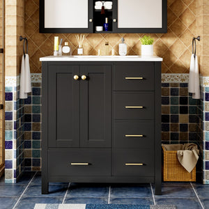 English Elm 30'' Elegant Freestanding Bathroom Vanity With Ceramic Sink, Soft-Close Drawers & Timeless Black Finish N710P194420B