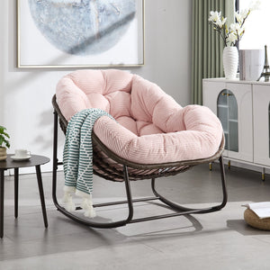 English Elm Outdoor Rattan Oversized Egg Rocking Chair with Velvet Padded Cushion, Hand‑Woven Patio Recliner Seat Pink W640P271524
