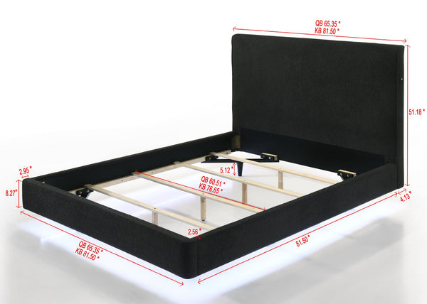 English Elm 1Pc Queen Panel Bed With High Headboard & Underbed Led Lighting – Luxe Black Boucle Upholstery Design B2741S00554