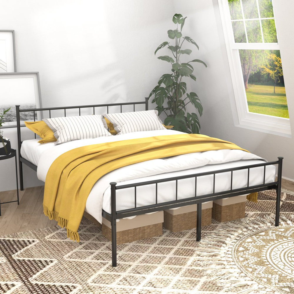 English Elm Queen Platform Bed Frame with Headboard Footboard Matte Black Under Bed Storage W311P433479