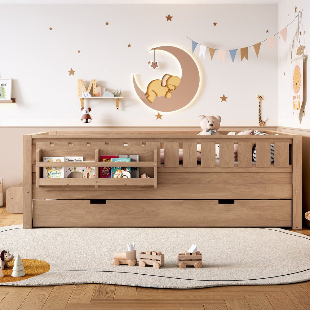 English Elm Twin Kids Platform Bed with Trundle Staircase Bookshelf and Rounded Safety Rails Natural W1580S00558