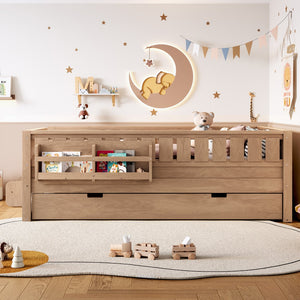 English Elm Twin Kids Platform Bed with Trundle Staircase Bookshelf and Rounded Safety Rails Natural W1580S00558