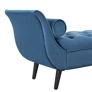 English Elm Upholstered Velvet Tufted Bench with Bolster Pillows Solid Oak Legs Bedroom Entryway Blue N761P304407C