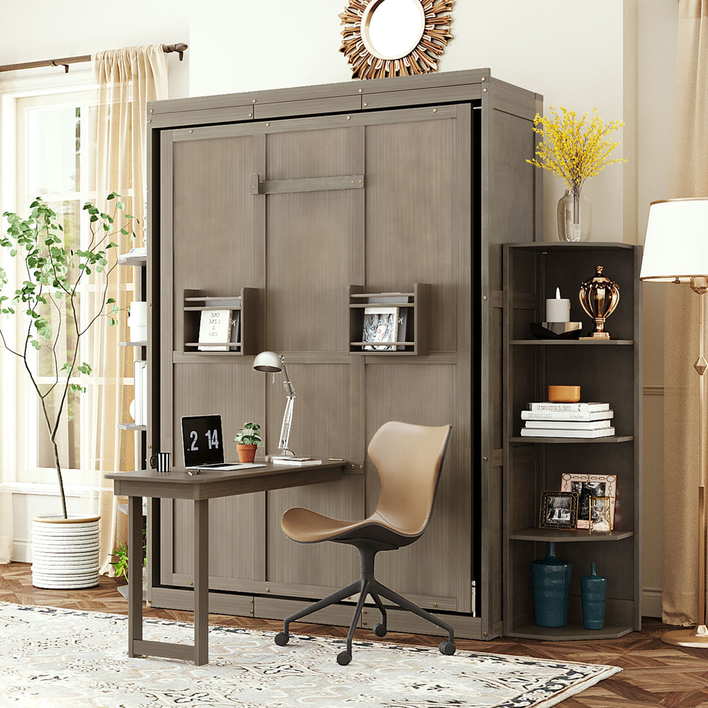 English Elm Rotating Murphy Wall Bed with Convertible Desk Dual Side Shelves Full Size Mdf Cabinet Gray LP000961AAE