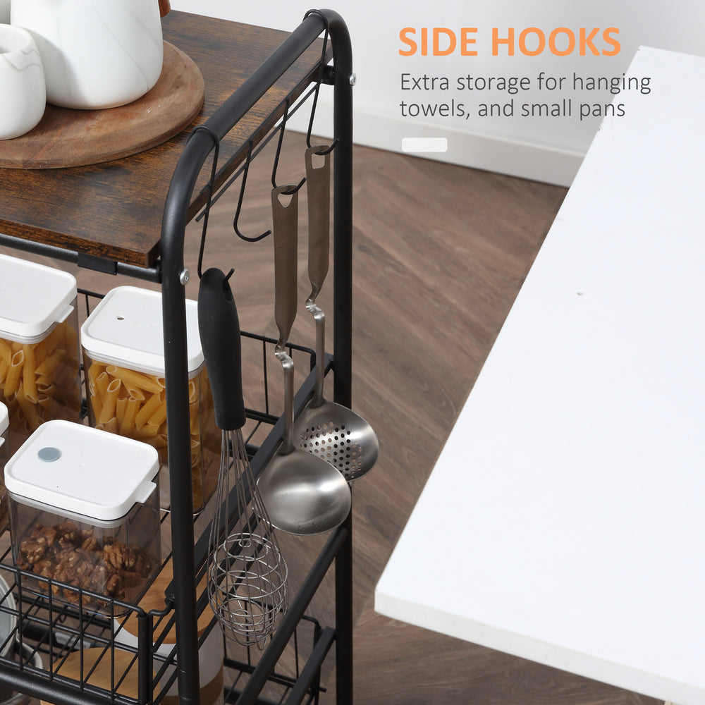 English Elm HOMCOM Rustic Brown 3-Tier Rolling Kitchen Cart with 2 Pull-Out Baskets, Side Hooks & Brake Wheels W2225P217410