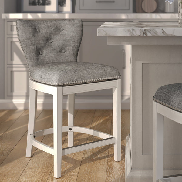 English Elm 26" Tufted Gray Upholstered Swivel Counterstool White Frame for Kitchen Islands B2751P436468