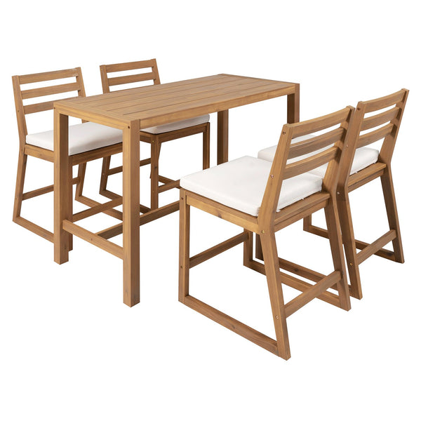English Elm Trexm Solid Acacia Outdoor Bar Set Five Piece Rustic Slatted Counter Height Patio Light Teak TM000029AAD