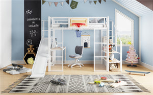 English Elm Full Full Size Metal Loft Bed with Built-In Desk, Slide, Basketball Hoop and Open Wardrobe Storage White GX001524AAK
