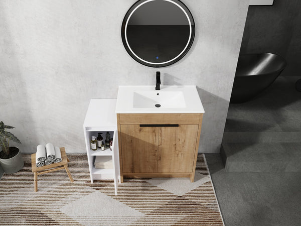 English Elm 42 Inch Freestanding Bathroom Vanity With Ceramic Sink, Soft-Close Doors & Ample Storage Solutions W999S00309