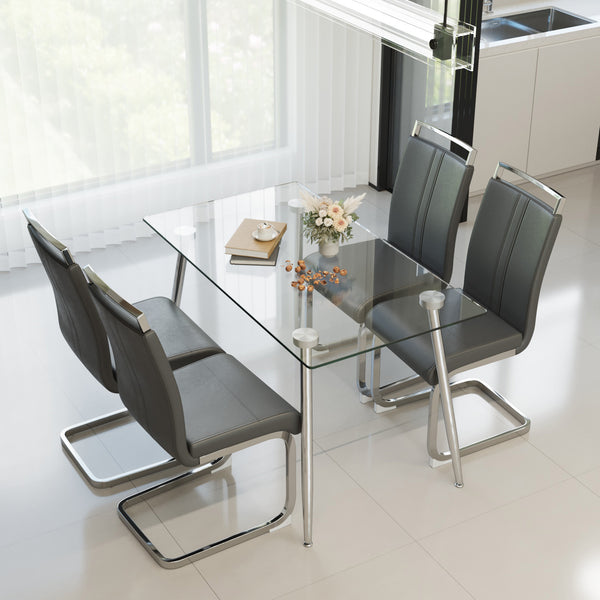 English Elm 51 Inch Tempered Glass Dining Set for Four with Chrome Legs and Pu Leather Chairs W2189S00917