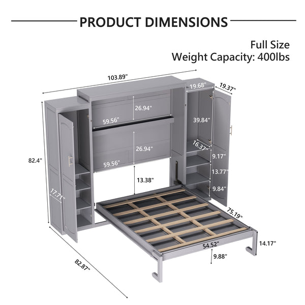English Elm Full Full Size Murphy Bed with Two Wardrobes and Foldable Platform, Space-Saving Modern Guest Solution Gray 84.9 L x 12 W x 7 H N733S235596E