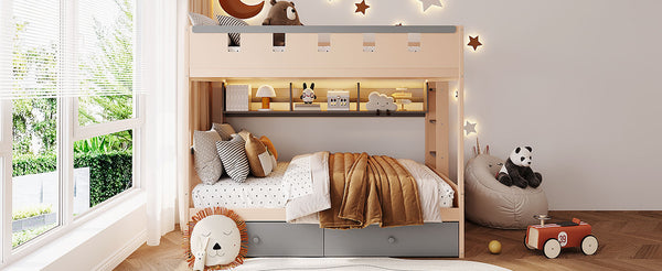 English Elm Full Size Castle Bunk Bed with Led Lighting Built in Shelf and Storage Drawers Gray LT000159AAE