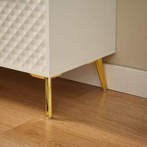 English Elm Deluxe Sculpted Geometric TV Cabinet with Tempered Glass Doors, 4 Drawers, Adjustable Metal Feet, Modern Chic Design White W1162P294819