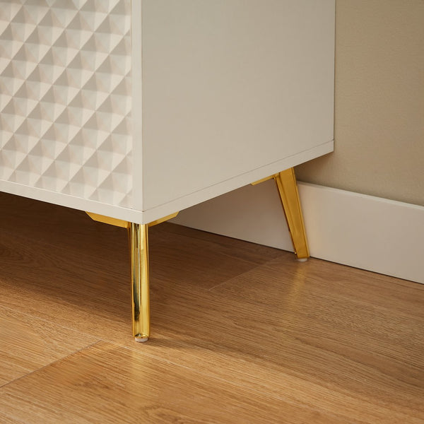 English Elm Deluxe Sculpted Geometric TV Cabinet with Tempered Glass Doors, 4 Drawers, Adjustable Metal Feet, Modern Chic Design White W1162P294819