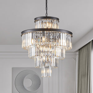 English Elm 24" K9 Crystal Five Tier Chandelier Black Iron Frame 15 Light Dining Foyer Fixture W2312P477404