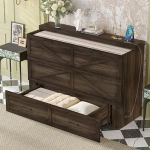 English Elm Queen Farmhouse Murphy Cabinet Bed with Charging Station and Storage Drawer Gray N733S361778G