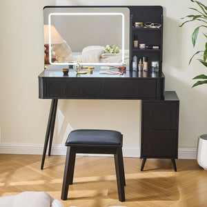 English Elm Modern Makeup Vanity Desk with Slide-Out Cabinet, LED Mirror, 4 Soft-Close Drawers & Cushioned Stool Black N844P257529B