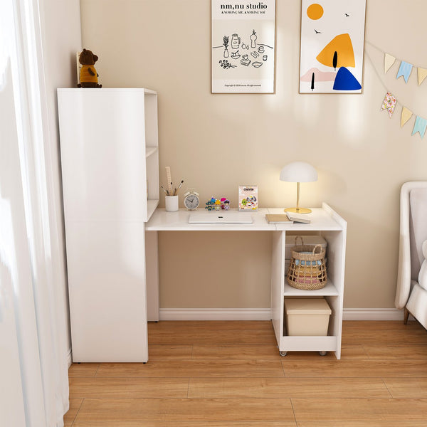 English Elm Stretchable expandable office desk with magnetic fold, lockable casters, adjustable shelves for storage and space-saving White W509P355680