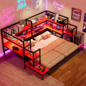 English Elm Twin Gaming Daybed with Led Strips Desk Pegboard Bookcase and Three Storage Drawers Black+Red N820S00083J