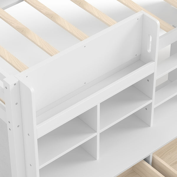 English Elm Twin Xl Low Loft Bed with Curtain Hideaway Chalkboard and Built-in Storage Shelves W1580S00399