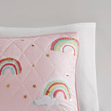 Mi Zone Kids Alicia Casual Rainbow with Metallic Printed Stars Reversible Quilt Set with Throw Pillow MZK13-173 Pink