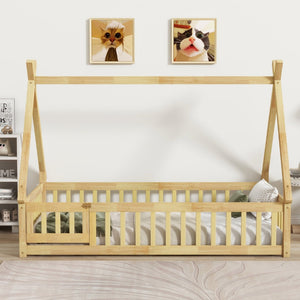 English Elm Twin Tent-Shaped Floor Bed With Guardrails, Playful Design, Natural Wood Finish, Safe & Cozy Space W504P345783-GIGA