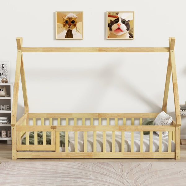 English Elm Twin Tent-Shaped Floor Bed With Guardrails, Playful Design, Natural Wood Finish, Safe & Cozy Space W504P345783-GIGA