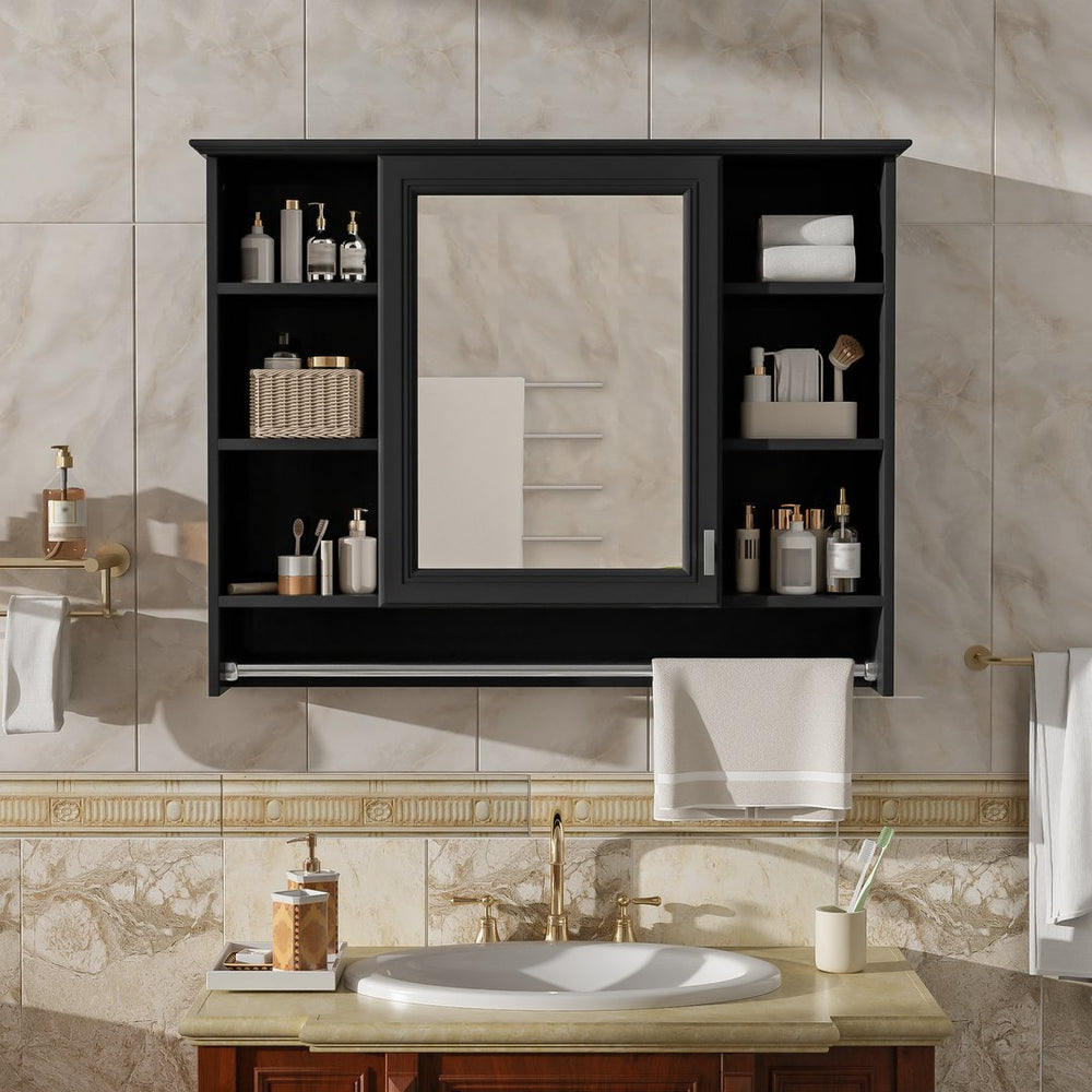 English Elm 3-in-1 Wall Mounted Medicine Cabinet with Soft Close Door Towel Bar and Vanity Mirror Black N710P358618B