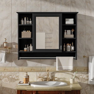 English Elm 3-in-1 Wall Mounted Medicine Cabinet with Soft Close Door Towel Bar and Vanity Mirror Black N710P358618B