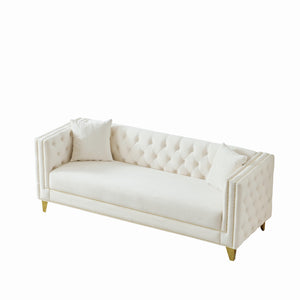English Elm 80"Chesterfield Velvet Sofa with Tufted Buttons & Nailhead Trim, Deep-Seated 3-Seater, Solid Wood Frame Beige W3373S00026